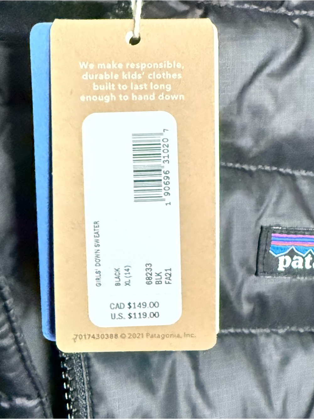 NWT Patagonia® Girls' 600 Fill Down Quilted Black Jacket Coat Size XL 14 - Picture 6 of 11